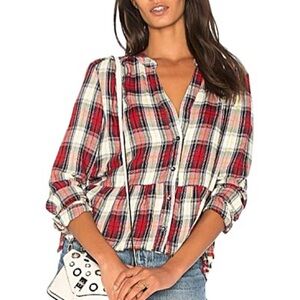 Splendid Edgware Red Plaid Ruffle Hem Peplum Button Down Blouse Womens Size M